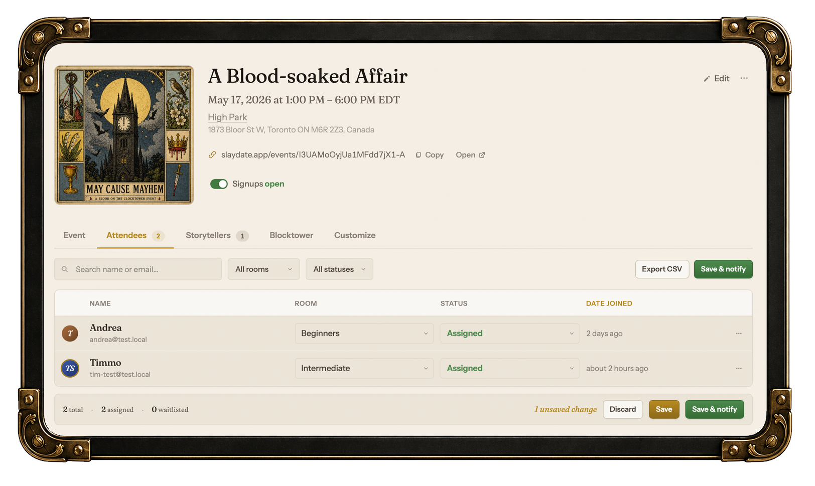A Slaydate event page showing the signup card, attendee list, and game story.